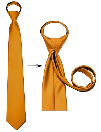 Branduce 3.15"（8cm） Mens Solid Satin Tie Pre-tied Adjustable Zipper Necktie for Business and Wedding - color: Gold