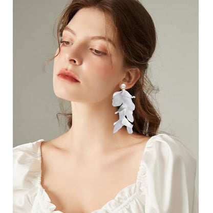 Handmade Bohemian Lightweight Fabric Flower Dangle Drop Earrings Chic Pearl Large Tassel Petal Stud Earrings For Women - color: White
