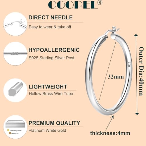 4mm Thick Gold Chunky Earrings Steling Silver Post Hoops Earrings For Women Hollow Tube Hoops Earrings Thick Gold Hoop Earrings Hypoallergenic Lightweight Gold Hoop Large Earrings 20/30/40/50/60MM - color: Silver,40mm