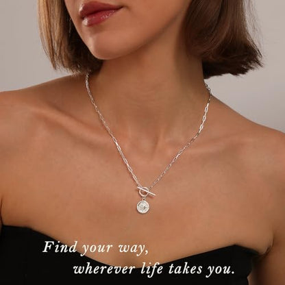 Gold Silver Necklace for Women, Dainty Cubic Zirconia Pendant | Teardrop CZ Charm, 14K Gold/Sterling Silver Plated, Adjustable Chain, Hypoallergenic & Waterproof Jewelry, Cute Trendy Gift - color: Silver-Compass/paperclip toggle chain
