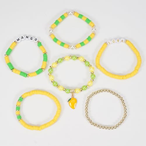 Twinfree Bohemian Cute Fruit Banana Cherry Strawberry Pineapple Mango Polymer Clay Beaded Stackable Stretch Bracelets - color: Color 4
