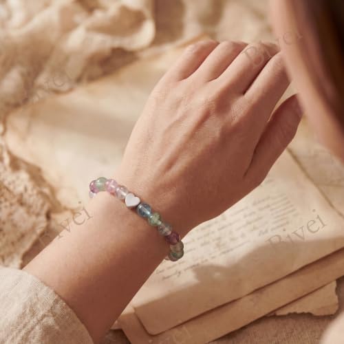 Bivei Crystal Stretch 6mm Bracelets for Women | Handmade Natural Stone Beaded Stretch Bracelet, Stainless Steel Heart Bead, Tranquility Yoga Gift Jewelry for Women - color: Fluorite - Cleansing