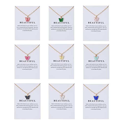 Rrdaily 9 Pcs Dainty Colorful Butterfly Pendant Necklace Set for Women,Bohemian Acrylic Butterfly Chain Necklace Cute Jewelry Gift - style: White card