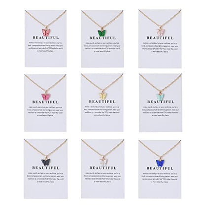 Rrdaily 9 Pcs Dainty Colorful Butterfly Pendant Necklace Set for Women,Bohemian Acrylic Butterfly Chain Necklace Cute Jewelry Gift - style: White card
