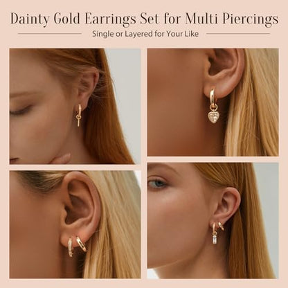 14K Gold Plated Huggie Earrings and Charm Set for Women |Mix and Match Earring Pack with Cubic Zirconia Star Heart Flower Bow Small Hoop Earrings with Charms