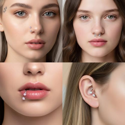 G23 Titanium Horseshoe Nose Ring 20G, 2 Pcs Double Gem Nose Ring for Women, 6mm 7mm 8mm Hypoallergenic Horseshoe Nose Rings Helix Tragus Earring Hoops Labret Lip Piercing Jewelry Small Septum Rings - color: 20G-8mm-2Pcs-Silver-White & Pink CZ
