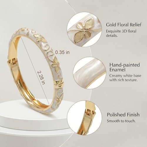 Cloisonne Bracelet Flower Enamel Floral Bangle Bangles White Vintage Bracelets for Women Chunky Gold Plated Stackable Trendy Jewelry