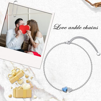 925 Sterling Silver Anklet Foot Bracelet with Crystal from Austria, Anklet Jewelry Gifts for Women 11 Inch Adjustable - style: Heart