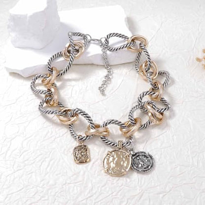 Doubnine Two-Tone Chain Link Necklace, Silver Rope and Gold Accents, Pendant Charm Choker