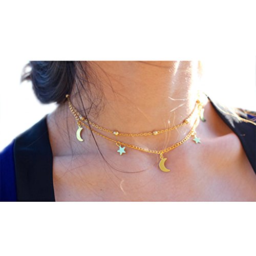BaubleStar Star Moon Charm Necklace Layering Chain Choker for Women - color: Gold