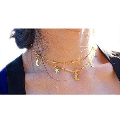 BaubleStar Star Moon Charm Necklace Layering Chain Choker for Women - color: Gold