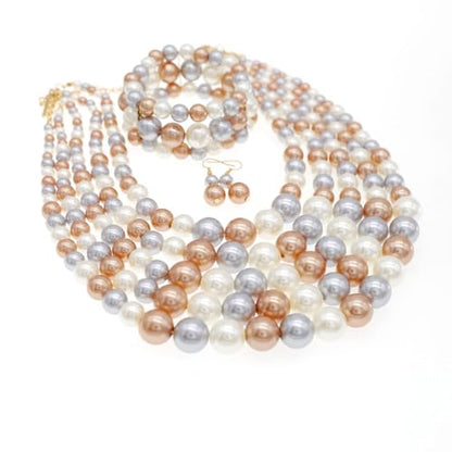 Faux Big Pearl Srand Necklaces for Women 5 Layers Pearls Choker Bib Collar Necklace Bracelet and Earrings set 1920s Costume Pearl Jewelry Bridal Wedding - color: colorful champagne