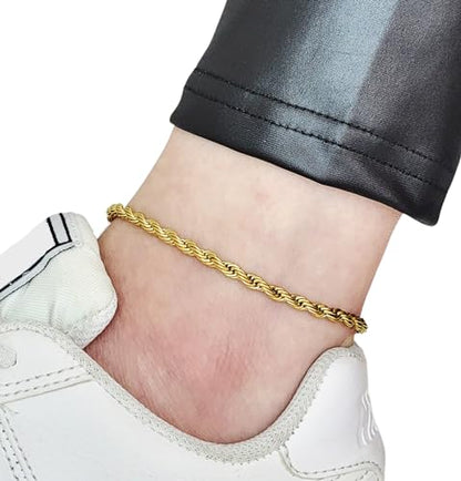 Fashion 21 Stainless Steel Cuban, Rope Chain Anklet for Women Adjustable Ankle Bracelet Waterproof Beach Fashion (I: Rope (Gold 4mm))