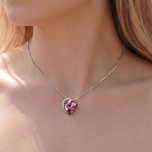 Crystal Heart Necklace for Women - Quietrose Faceted Crystal Heart Pendant with Sparkle Accents, Silver-Tone Curved Frame, 0.85" x 0.73", 18+2" Adjustable Chain, Elegant Gift for Her - color: Deep Rose - Gentle Embrace