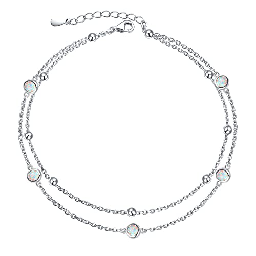 Flyow Anklet for Women S925 Sterling Silver Adjustable Foot Beaded Heart Charm Ankle Bracelet Anklets Jewelry - style: Opal