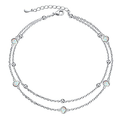 Flyow Anklet for Women S925 Sterling Silver Adjustable Foot Beaded Heart Charm Ankle Bracelet Anklets Jewelry - style: Opal