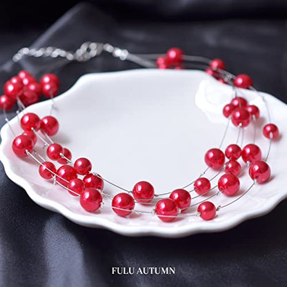 FULU AUTUMN Layered Pearl Necklace Multi-strand Pearl Choker Necklaces for Women Beaded jewelry for Wedding Parties - color: Red