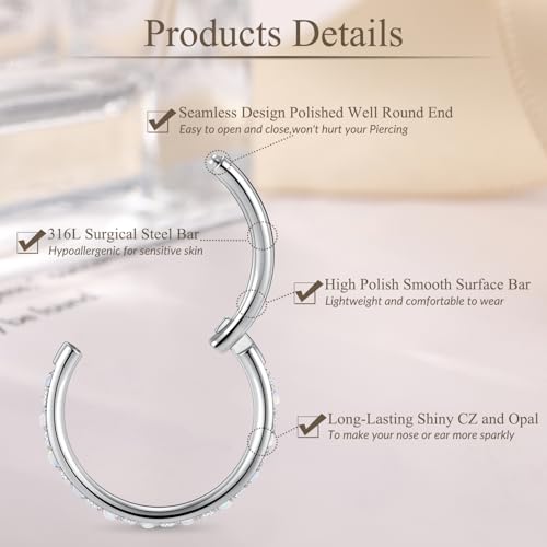 GAGABODY Surgical Steel Hypoallergenic Nose Ring Earring CZ Hoop for Unisex | Hinged Seamless Clasp,Used in Nostril,Septum,Lip,Eyebrow,Nipple and All Ear Piercings.22G to 12G,Inner Diameter 5mm to 14mm - color: Style5:Silver+Clear CZ & White Opal, size: 2