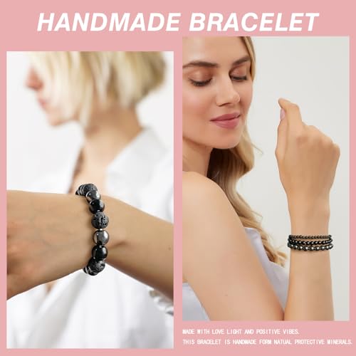 Vinswet 4pcs Beaded Bracelets for Women,Natural Healing Crystal Gemstones Bracelet,Anxiety Stress Relief Bracelet Handmade purple Jewelry Gifts for Women - color: Hematite&Black agate&Lava Rock