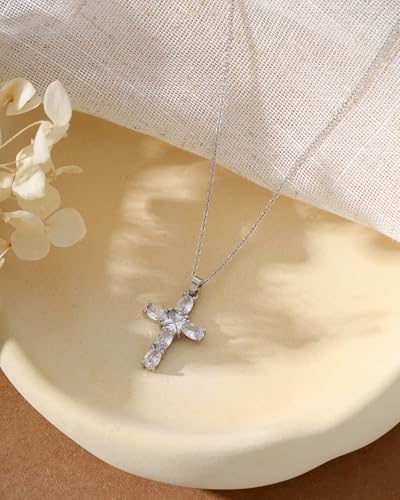 Cross Necklace for Women, 14K Gold Plated Cubic Zirconia Cross Pendant Necklace, Trendy Christian Jewelry Gifts for Baptism First Communion Christmas - color: Style D - Silver