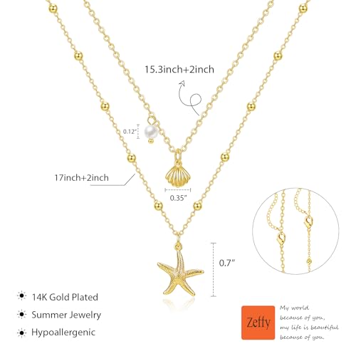 Zeffy Gold Pearl Necklace for Women, Dainty 14K Gold/Silve Plated Layered Pearl Choker Pearl Earrings Pearl Bracelets Wedding Trendy Gold Jewelry Set for Women Gifts - style: Gold Starfish Shell Necklace-2PCS