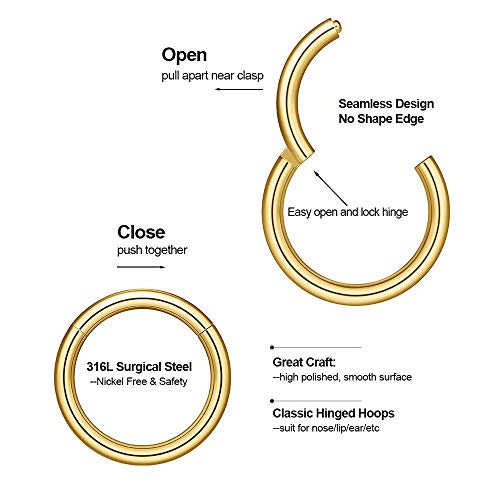 Nose Rings Hoop, 316L Surgical Steel 20G 18G 16G 14G Hypoallergenic Nose Rings Septum Cartilage Hoop Earring Conch Piercing Jewelry for Women, Diameter 5mm to 14mm, Gold, Rose Gold, Silver, Black - style: 1pcs, Gold, 14g, Diameter: 6mm