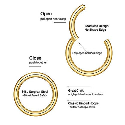 Nose Rings Hoop, 316L Surgical Steel 20G 18G 16G 14G Hypoallergenic Nose Rings Septum Cartilage Hoop Earring Conch Piercing Jewelry for Women, Diameter 5mm to 14mm, Gold, Rose Gold, Silver, Black - style: 1pcs, Gold, 14g, Diameter: 6mm