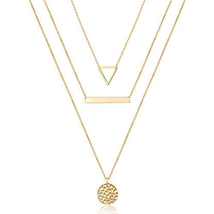 Turandoss Dainty Layered Choker Necklace, Handmade Y Pendant Necklace Multilayer Bar Disc Necklace Adjustable Layering Choker Necklaces for Women - style: 3PCS - Triangle&Bar&Hammered Disc