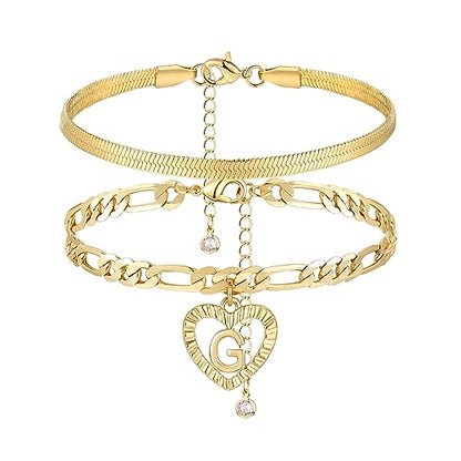 YANODA Gold Ankle Bracelets for Women Waterproof, 14k Gold Plated Layered Snake Anklets Figaro Chain Letter Initial Anklets Handmade Heart Ankle Bracelets Personalized for Women Beach Jewelry Gifts - color: G
