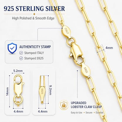 925 Sterling Silver Paperclip Chain 3mm 4mm 5mm 6mm 7mm Necklace for Women Men Diamond Cut Silver Necklace Chain 16-30 Inches - color: Gold, size: 22, style: 4mm