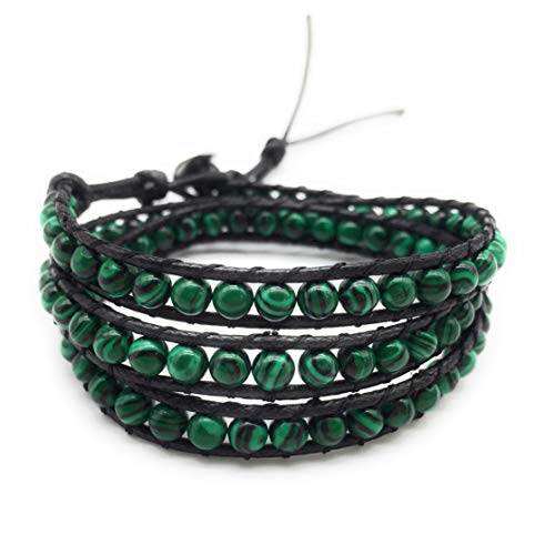 Handmade Alloy Leather Natural Stone Bead Statement Bracelet Bangle Cuff Rope 3 Wrap Adjustable Jewelry Collection - color: Synthetic Malachite & Black Leather Cord