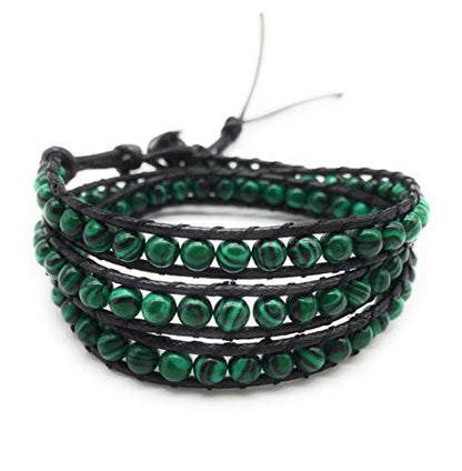 Handmade Alloy Leather Natural Stone Bead Statement Bracelet Bangle Cuff Rope 3 Wrap Adjustable Jewelry Collection - color: Synthetic Malachite & Black Leather Cord