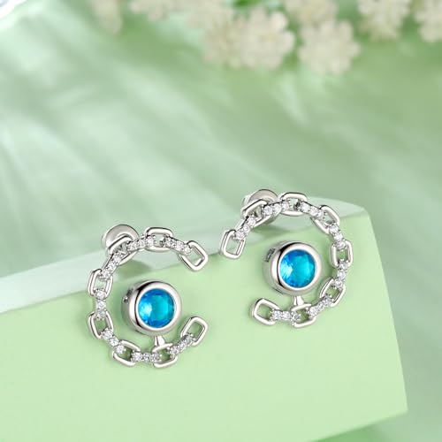 Elegant C-Shaped Crystal Stud Earrings with Birthstone Earring Silver Plated Fashion Jewelry for Women CE0003 - color: Blue-March