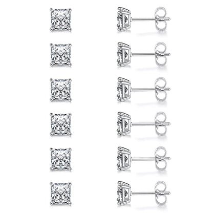 Stud Earring Set for Women Men 18K Yellow/White Gold Plated Princess Cut 4 Prong Graduated Square Clear Cubic Zirconia Pakc of 6 Pairs 3-7mm - color: White gold-5mm-6 pairs