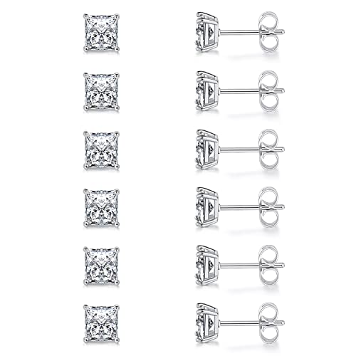 Stud Earring Set for Women Men 18K Yellow/White Gold Plated Princess Cut 4 Prong Graduated Square Clear Cubic Zirconia Pakc of 6 Pairs 3-7mm - color: White gold-5mm-6 pairs