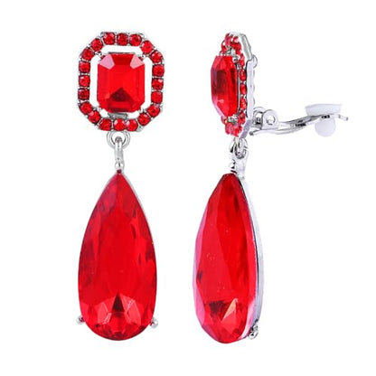 Gorgeous Long Austrian Crystal Teardrop Drop Dangle Clip On Earrings Non Pierced for Women - color: Red