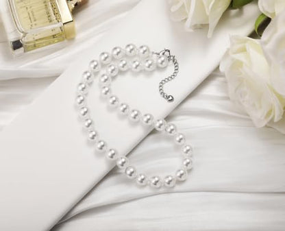 10mm Faux Pearl Necklace & Earrings Set, Elegant Jewelry for Women | Glass material, handmade product, Daily wear, Holiday gift - color: White