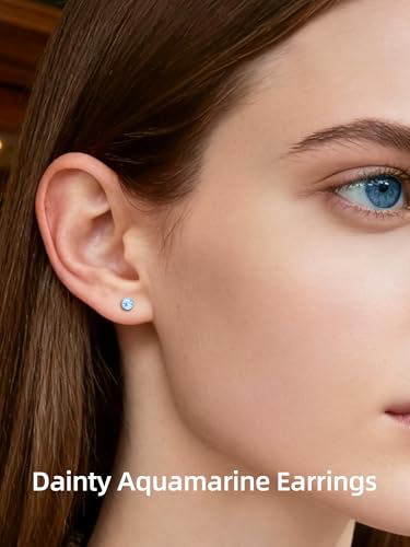 Neshat Tiny Birthstone Earrings for Women, 925 Sterling Silver Bezel Crystal Stud Earrings, 4mm Minimalist Sapphire/Amethyst/Aquamarine/Emerald Earrings Studs - style: 03. March-Created Aquamarine