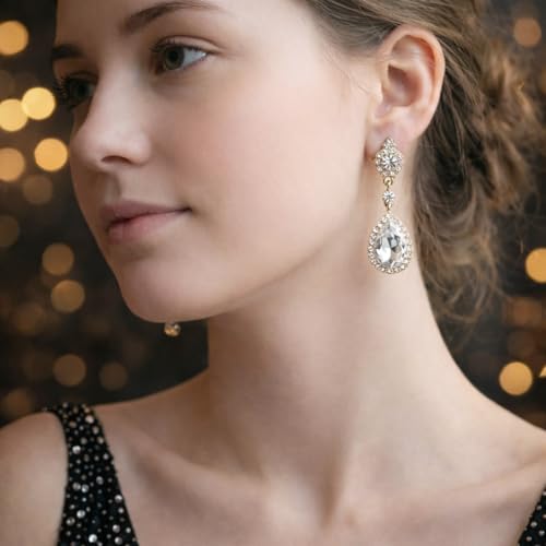 Mariell Black Crystal Teardrop Dangle Earrings, Jewlery for Brides, Bridesmaids, Prom and Wedding Parties - color: Gold Clip On