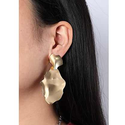 Gold Metal Clip On Earrings for Women Non Pierced Dangle Drop Earrings Multiple Styles - color: gold leaf