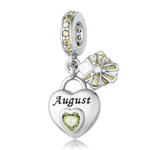 HappyStar 925 Sterling Silver Happy Birthday Bead Charm Love Heart Shape Birthstone Charms for Bracelets Dangle Pendant with 5A Cubic Zirconia Compatible Pandora Bracelets Jewelry Gift for Women - color: 8-August Birthstone Charms