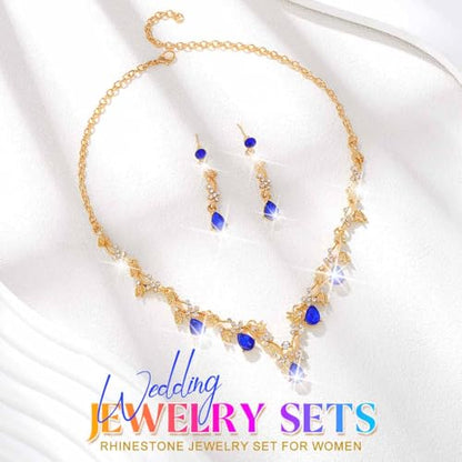 Gold Rhinestone Jewelry Set Bridal Wedding Necklace Earrings Sets Prom Formal Costume Jewelry for Women and Brides - color: Blue
