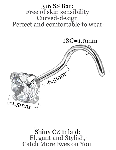 18G 20G 22G Nose Rings Studs with Cubic Zirconia 316L Surgical Steel Straight Screw L Shaped Nose Studs Piercing Jewelry for Women Men Girl CZ 1.5mm 2mm 2.5mm 3mm 20Pcs - color: B:18G Screw- Silver 1.5mm
