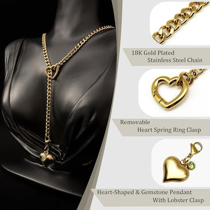 Heart Layer Pendant Necklace for Women, Adjustable Slip Chain with Colorful Gemstone & Heart Clasp - color: Gold-Green