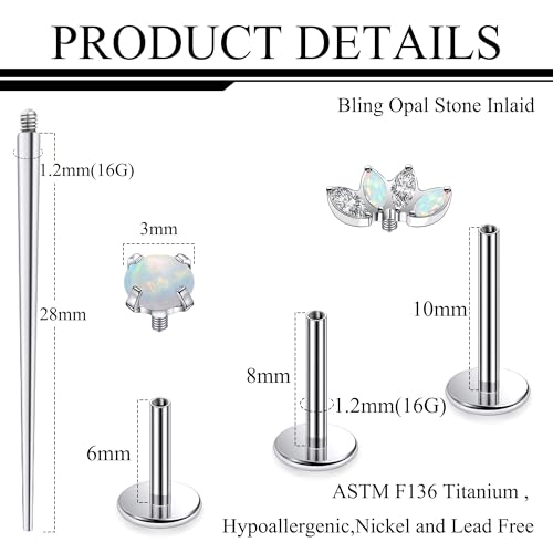 Titanium Flat Back Lip Rings Internally Threaded Earrings Studs Nose Rings 16G Opal CZ Tragus Cartilage Lobe Rook Helix Conch Labret Medusa Piercing Jewelry for Women Men W Piercing Taper Set - style: Four Opal & CZ