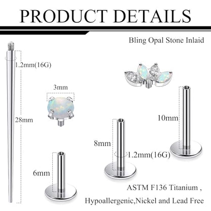 Titanium Flat Back Lip Rings Internally Threaded Earrings Studs Nose Rings 16G Opal CZ Tragus Cartilage Lobe Rook Helix Conch Labret Medusa Piercing Jewelry for Women Men W Piercing Taper Set - style: Four Opal & CZ