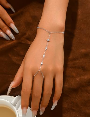 925 Sterling Silver Hand Chain Bracelet for Women | 14k Gold Plated CZ Crystal Heart Starburst Ring Bracelets Hand Chain Diamond Layered Stackable Link Chain Beach Jewelry Gifts - color: SilverB