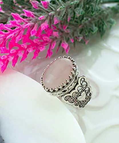 Filigranist 925 Sterling Silver Handcrafted Filigre Art Double Heart Detailed Women Cocktail Ring with Gemstones - color: Rose Quartz