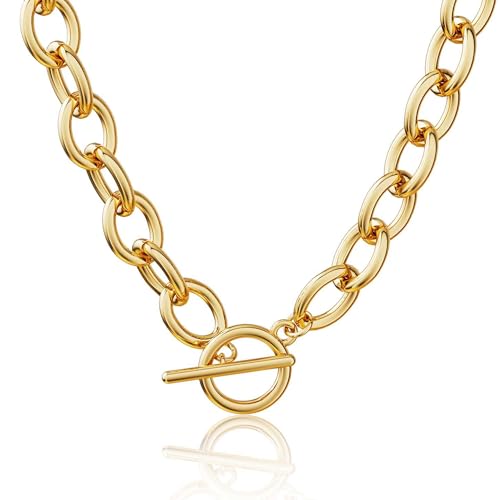 Freekiss 3-Piece Layered Toggle Necklace for Women | Gold/Silver necklace set with herringbone, rope, and paperclip chains plus a toggle clasp for layering, parties, and gifts - color: Toggle Style1 Gold