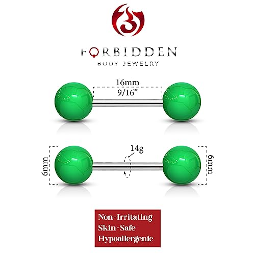 Forbidden Body Jewelry 14 g 16 mm Stainless Steel Nipple or Tongue Ring Barbell Set with Acrylic Balls (Choose Color) - style: Green